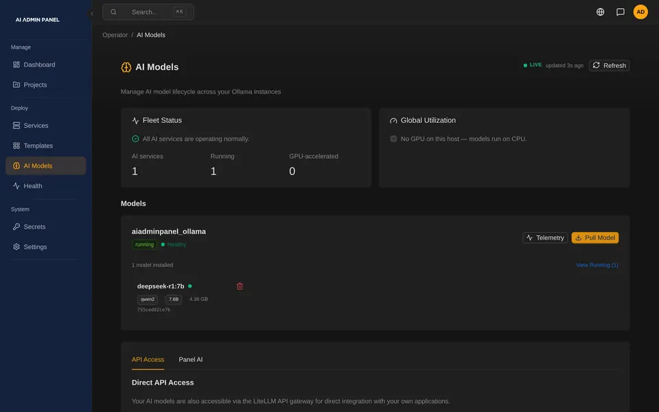 The AI models page: the local model server, one model installed on it, and a Pull Model button.