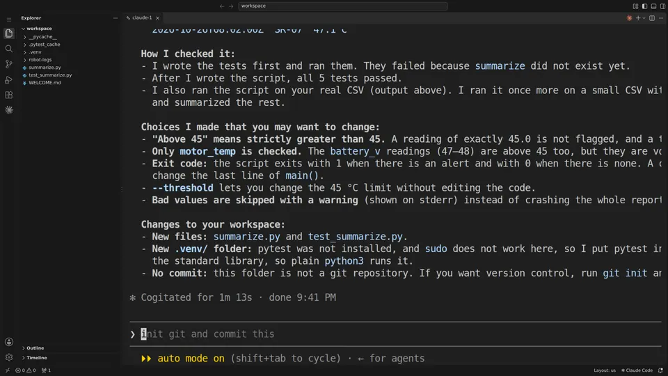 Claude Code in a browser workspace, reporting how it tested a new script and which choices it made.