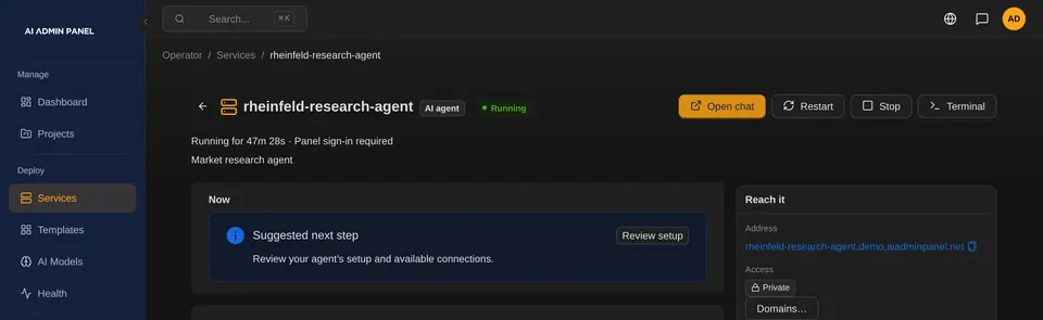 The service page of a Hermes Agent app, marked private behind the panel sign-in.