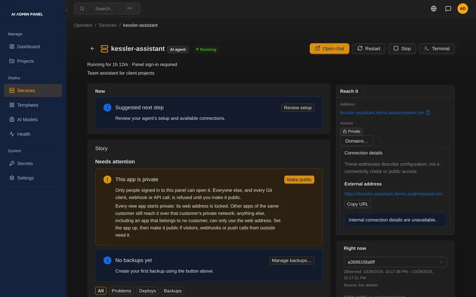 An OpenClaw agent's service page, marked Private, with buttons to open the chat, restart and stop.