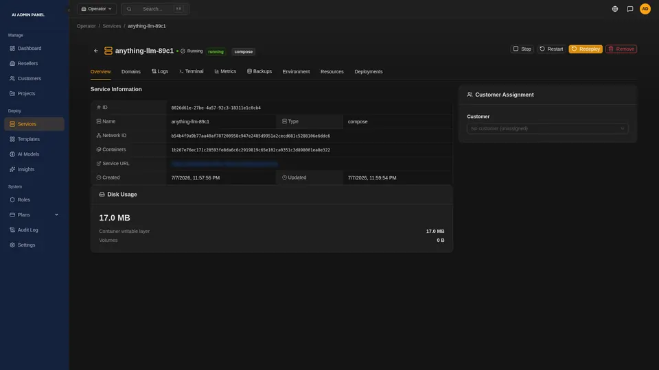 One service's overview page, with its ID, type and address, and tabs for logs, metrics and environment.