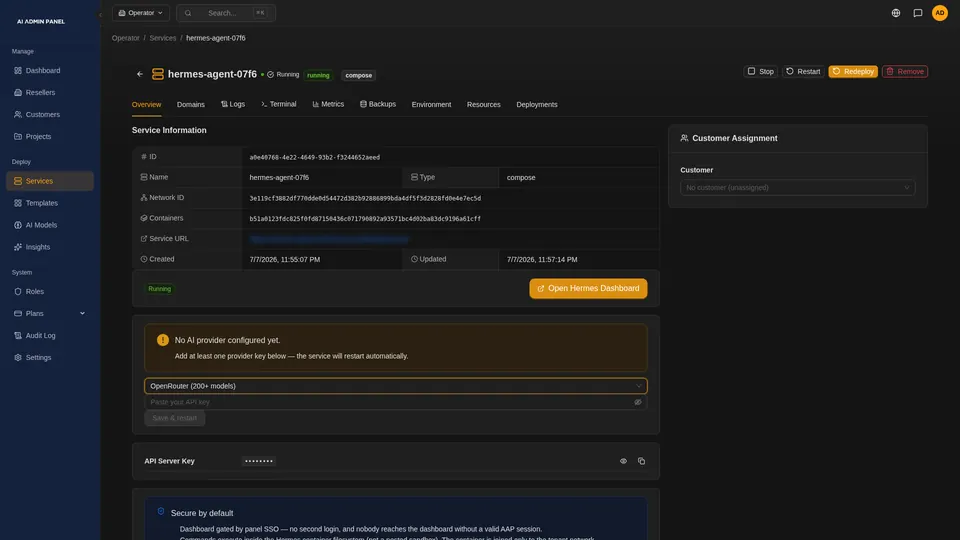 A Hermes Agent service page, with its address hidden and a box listing its security defaults.